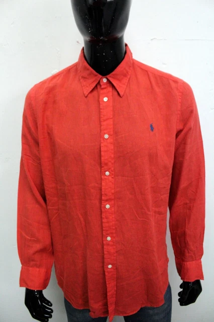 Polo Ralph Lauren Camicia Uomo Taglia XL Rosso Lino Chemise Manica Lunga Logo