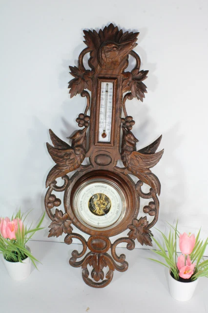 Antique French black forest wood carved design birds dog hunting barometer