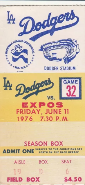 EPHEMERA: L.A. DODGERS vs. EXPOS TICKET STUB, 6/11/1976, DODGER STADIUM