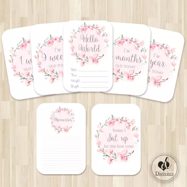 Baby Girl Milestone Cards, Floral Boho Photo props, Pink, 40 cards, 300gsm