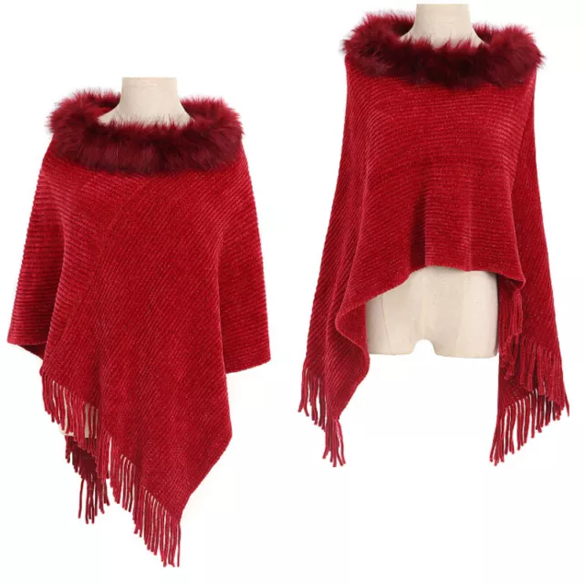 Lady Knitted Poncho Cape Chenille Wrap Shawl Faux Fur Collar Cloak Tassel Fringe