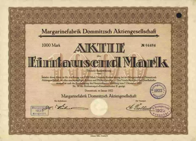 Margarinefabrik Dommitzsch 1922 Sachsen Westfalia Dortmund Dresden Gründeraktie