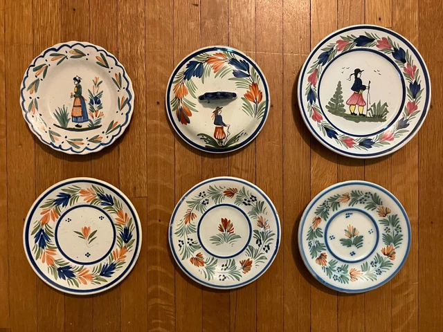 Quimper Vintage Lot: 6 Breton French Vintage Faience Hand Painted Ceramics Plate
