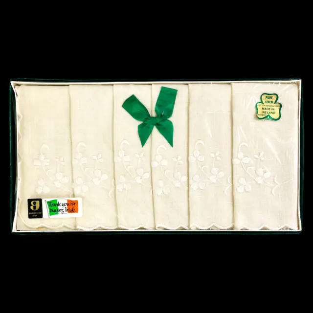 Irish Linen Handkerchief Box Set Lot of 6 Vintage Embroidered Shamrocks NIB NOS