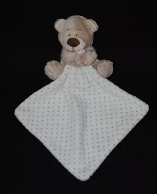 Peluche doudou ours beige ERGEE mouchoir blanc pois gris bleu NEUF