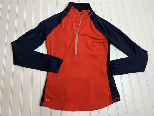 Athleta Running Wild Half Zip Pullover Women Shirt Small Orange Blue Zip Pocket