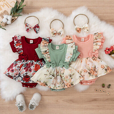 Newborn Baby Girls Summer Clothes Outfit Floral Jumper Jumpsuit +Headband Set