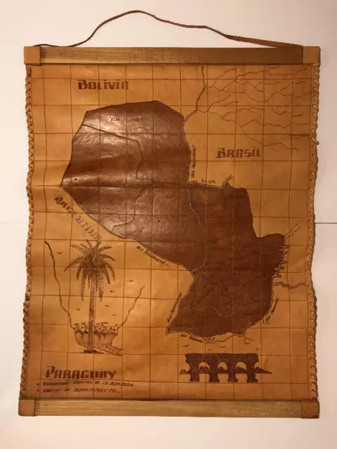 Large Leather & Wood Paraguay Map Hanging 26 1/2" X 21 1/4"