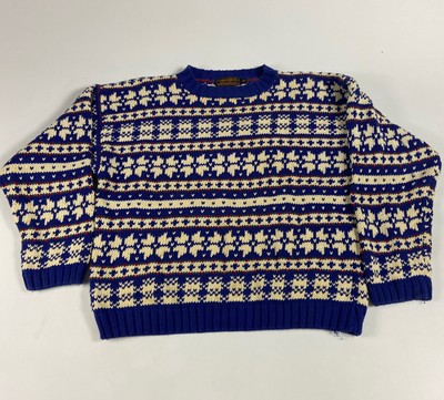 Men's Vintage Eddie Bauer Fair Isle Red White & Blue Crewneck Ski Sweater Sz Med