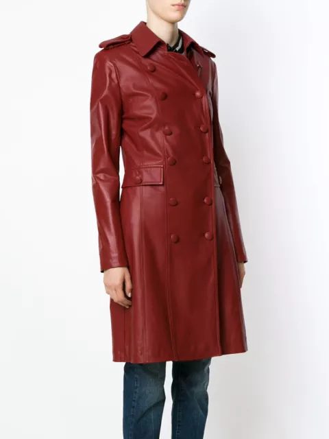 Elegant Women's Red Lambskin Leather Trench Coat Slim Fit Stylish Custom Made