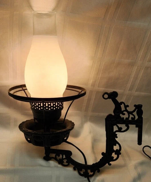 Vintage Ornate Cast Iron Electric Wall Mount Swing Arm Lamp Light w/ Hurricane