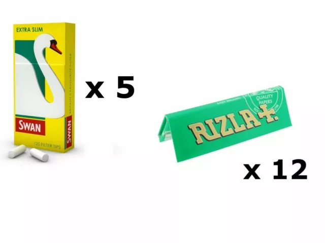 600 x Rizla Green Regular Rolling Papers & Swan Extra Slim Filter Tips Smoking