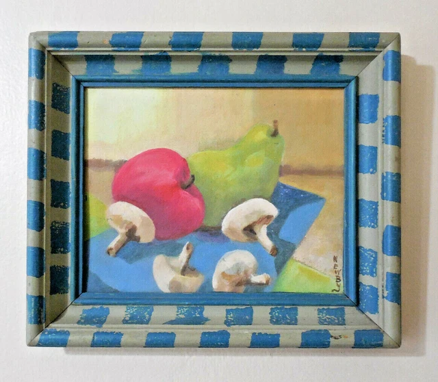 Vintage Signed Original Still Life Apple Pear Mushrooms Acrylic Painting Framed