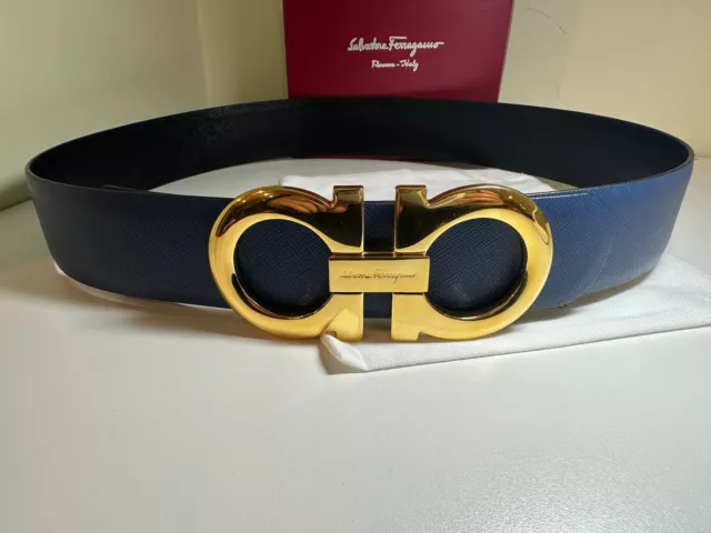 Salvatore Ferragamo Reversible Blue And Black Leather Xl Gold Buckle Belt
