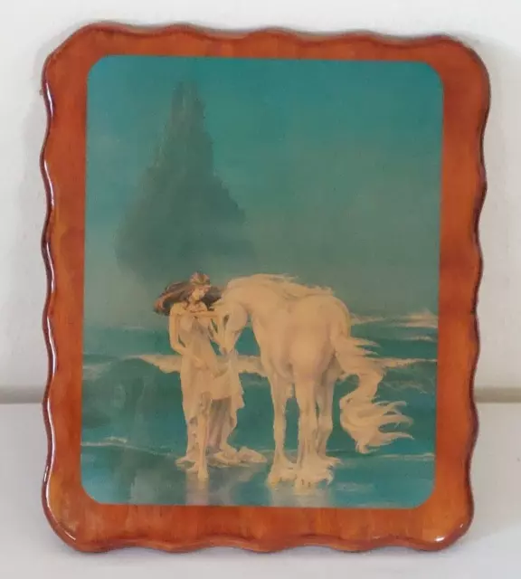Vtg 80s SUE DAWE Lacquered UNICORN Lady Castle Pic Wall Hanging WOOD 9.5x11.5