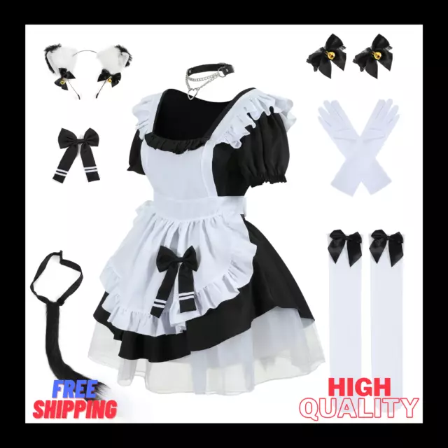 Black French Maid Outfit Lace Apron Furry Cat Ears Cosplay Lolita Anime Costume