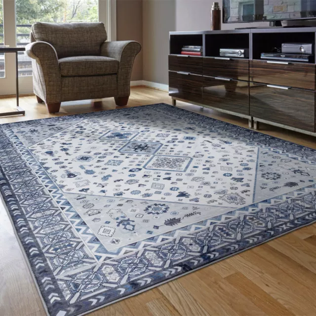 Extra Large Floor Rugs Blue Ivory  Allover Boho Plush Carpet Hallway Runner