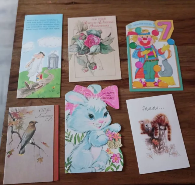 Vintage  greeting cards,lot of 6,funny,clown,cat,bunny++ ,unused