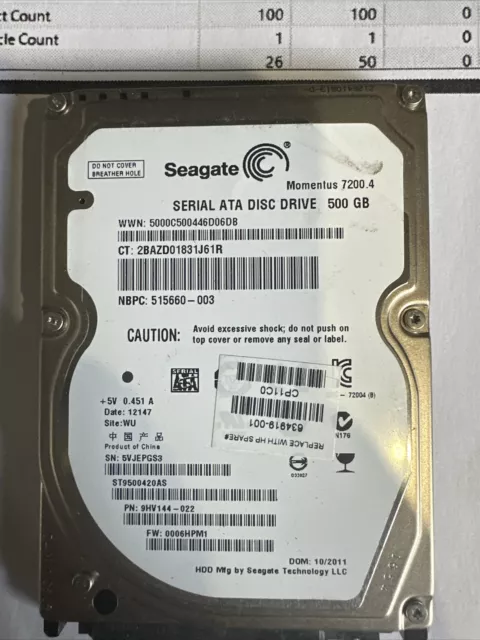 Seagate Momentus 7200 RPM 500GB Internal 2.5" laptop Hard Drive 14530 Hours