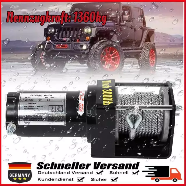 Elektrische Seilwinde 3000lbs 12V Winch Draht Fernbedienung Set für KFZ Anhänger