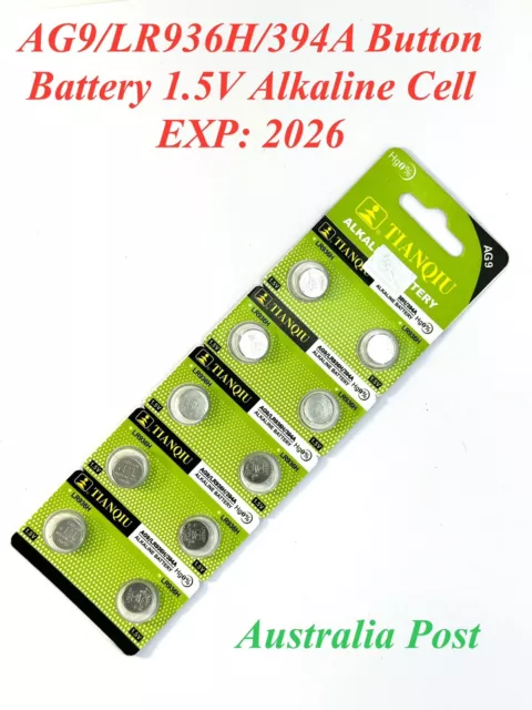 10 × AG9/LR936H/394A Button Battery 1.5V Alkaline Cell EXP: 2026