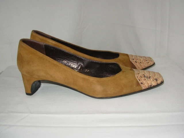 Escarpins Carmen Poveda Toile Et Cuir Marron – Pointus Talon 7 Cm – Taille 39.5 – Occasion TBE