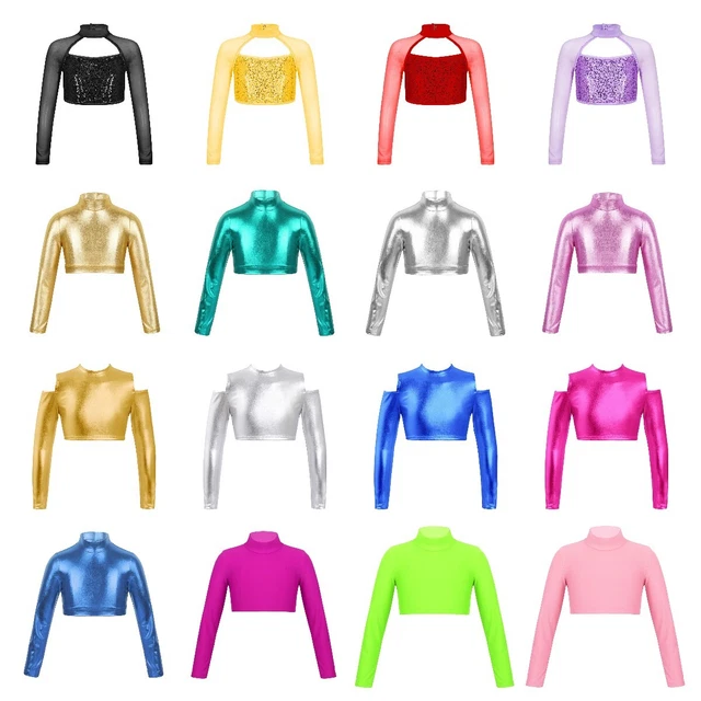 Camicie a maniche lunghe crop top lucide metalliche moderne jazz latino dance crop per bambine
