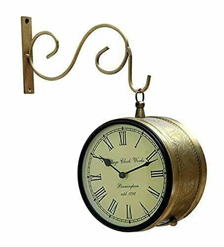 Vintage Cadran Horloge Murale Antique Laiton Double Côté Railway Station 15.2cm