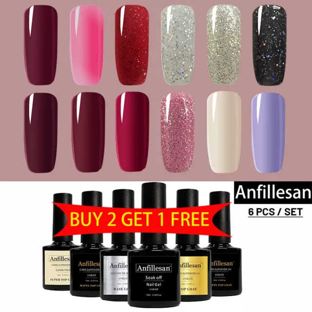 Anfillesan 6 Colour Nail Gel Polish Set Soak off UV LED Gel Top Nail Varnish Kit