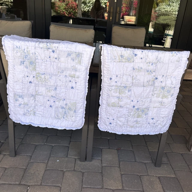 PAIR VTG Simply Shabby Chic~Standard Shams~White/Blue Floral Patchwork Ruffled