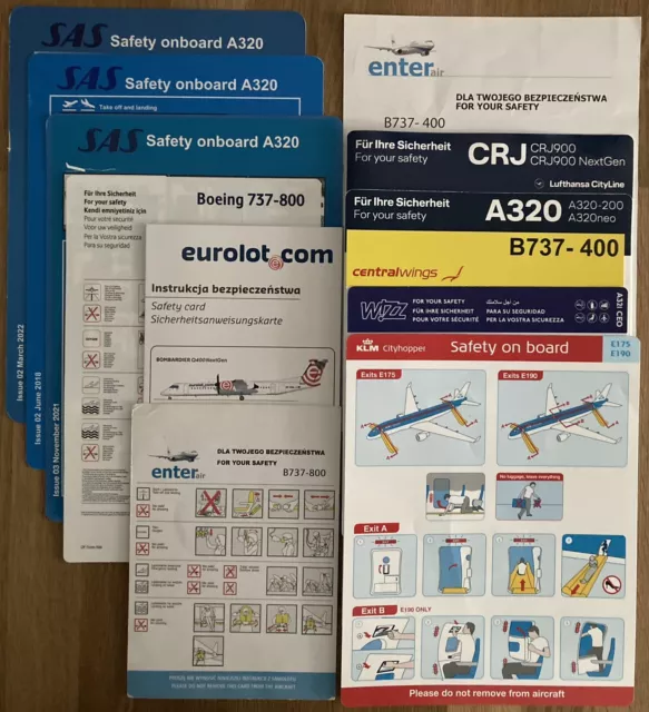 Different Airlines Safety Card Set Of 12 Sas Lufthansa Lot A320 B737 Emb190 Q400