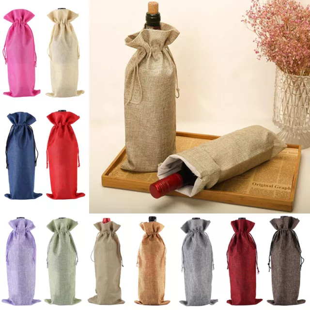 10x Rustic Wine Bottle Bags Pouch Wine Bottle Covers Drawstring Jute Burlap Gift