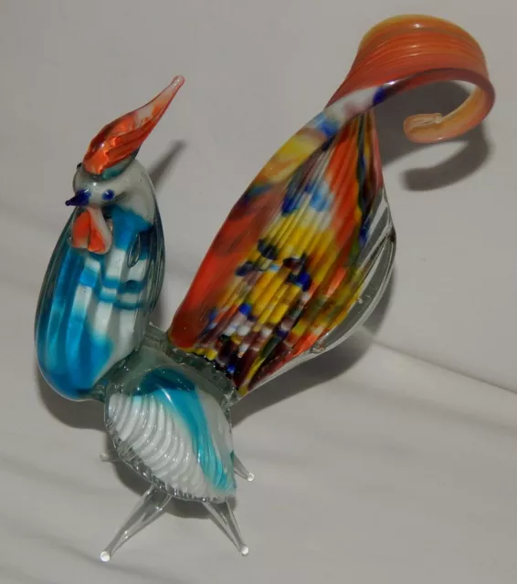 9" Murano Style Hand Blown Art Glass Rooster Figurine Multi Colored