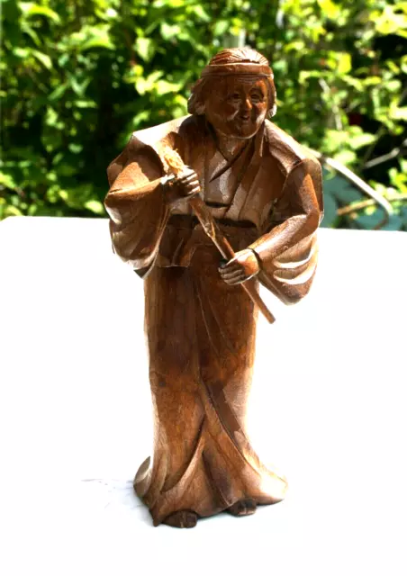 OLD Chinese Antique Fine Wood Carving Man Statue Figurine Sculpture w/Stick