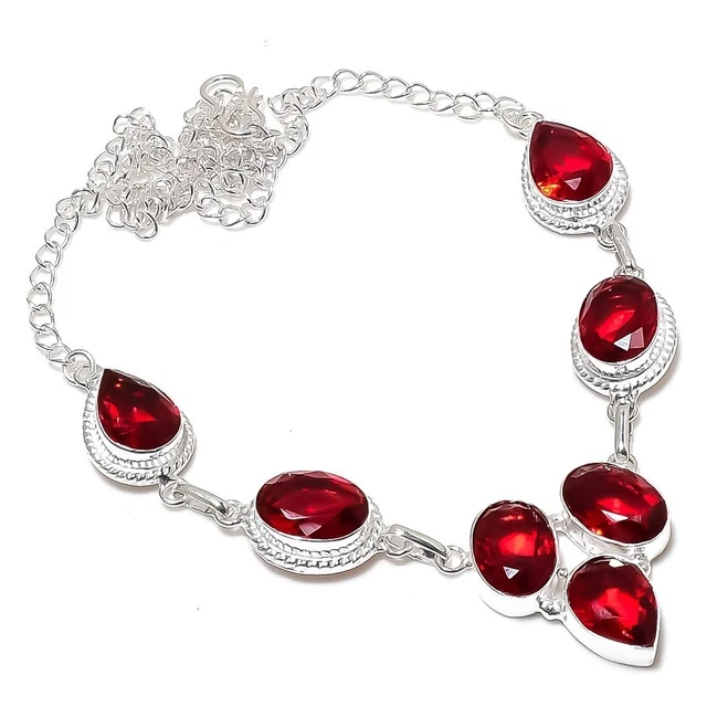 Collier En Argent 925 Sterling Fait Main Avec Grenat - Longueur 18 Pouces, Réglable, Fait En Inde