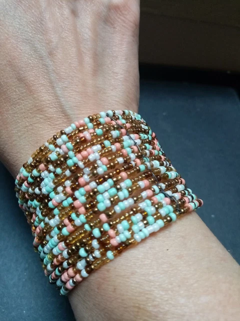 Bracelet Manchette Femme En Acier, Pierres Grenat/corail Et Perles - Neuf Sans Emballage - Bijou Fantaisie élégant