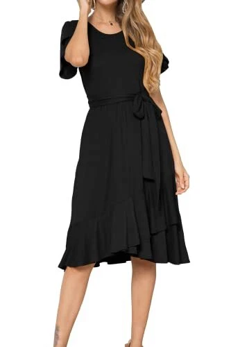 levaca Women Plain Ruffle Flowy Midi Work Casual Dress with Belt Black S