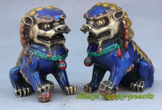 Old Fengshui bronze Cloisonne Guardion Fu Foo Dogs Lion beast statue pair