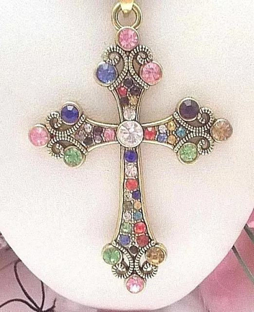 Betsey Johnson Beautiful Crystal Inlay Colorful Cross  Pendant Chain Necklace
