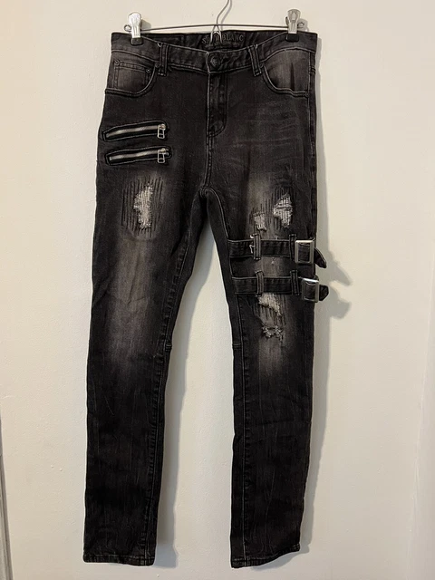 Showblanc Jeans Womens Size Small Steampunk Distressed Ripstop Stitching Black