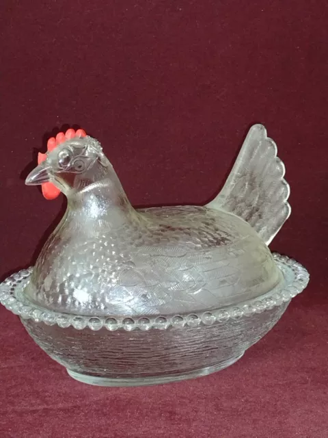 Vintage Clear Glass Hen on Nest with Red Comb Candy, Trinket Dish & Lid - CUTE!