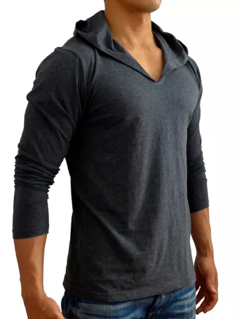 Mens Hooded Long Sleeve T Shirt Raglan S - M Slim Fit Casual Gym Basic Plain 2