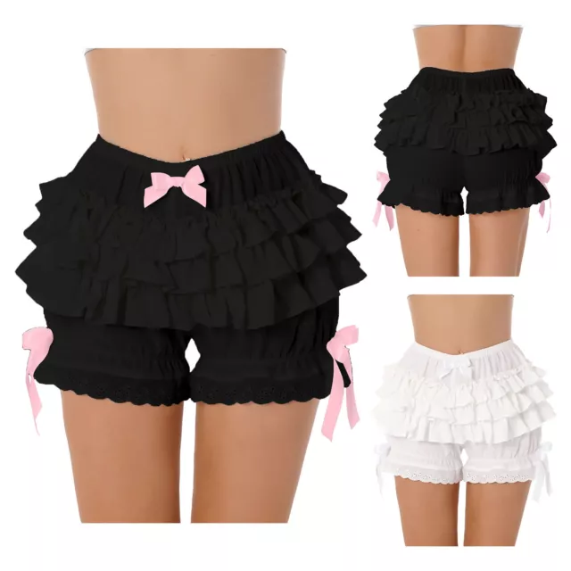 Womens Lace Trim Layered Ruffle Bloomers Bowknot Frilly Panties Booty Shorts