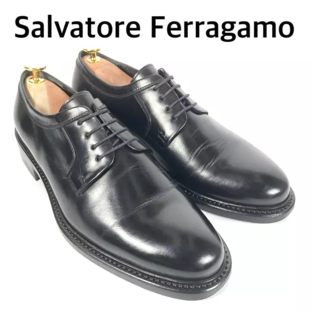 SALVATORE FERRAGAMO BLACK Leather Lace-up Derby Dress Shoes Plain Men's ...