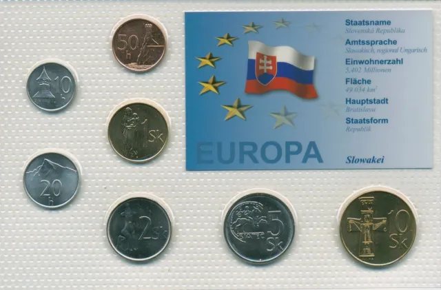 Slowakei 1994/2002 Kursmünzen 10 Heller - 10 Kronen im Blister, st (m5338)