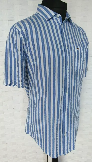 Tommy Hilfiger Jeans Short Sleeved Blue & White Striped Designer Shirt ~ Medium