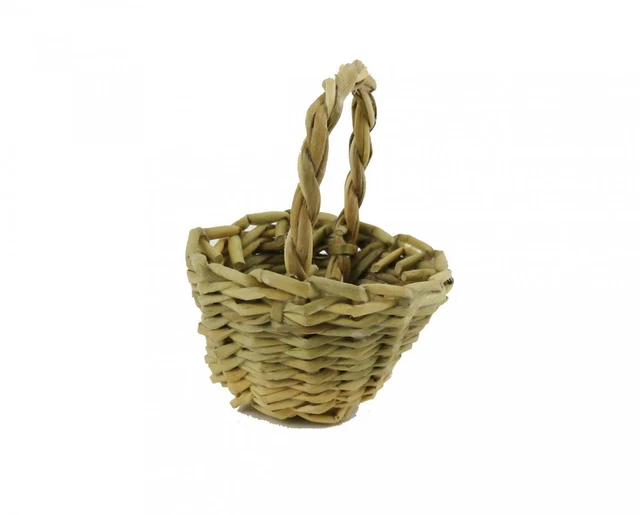 Dolls House Wicker Woven Grass Basket Round with Handle Shop Garden Accessory