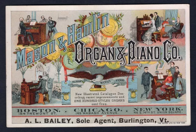 USA 1890s Advertising Trade Card. Burlington Vt. Mason & Hamlin Organ & Piano Co