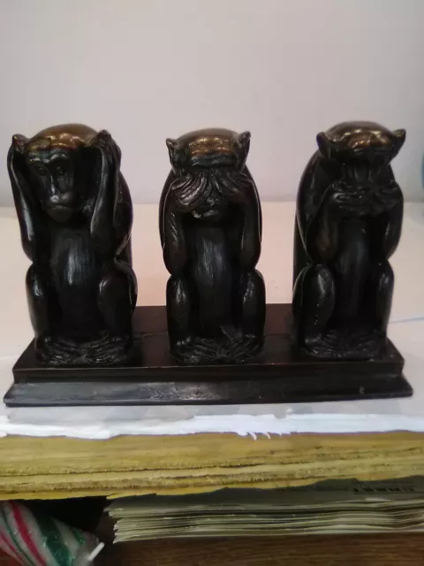 3 Monkeys SEE, HEAR, SPEAK NO EVIL Jungle brown antique black sitting 7" long