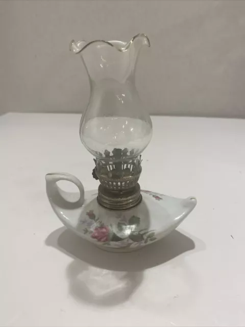 Vintage Miniature Oil Lamp Hurricane (Genie Lamp) with Roses. RARE!!! IL